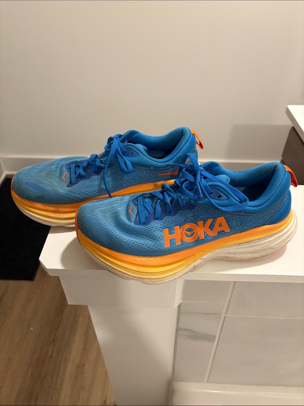 Hoka Mens Blue and Orange Athletic Sneakers